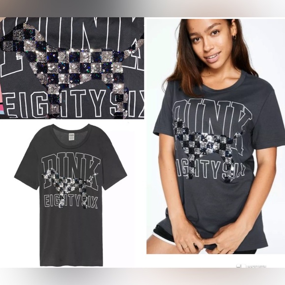 PINK Victoria's Secret Tops - Victoria’s Secret Pink tee pink Bling dog campus  tee pink sequin dog holo gray